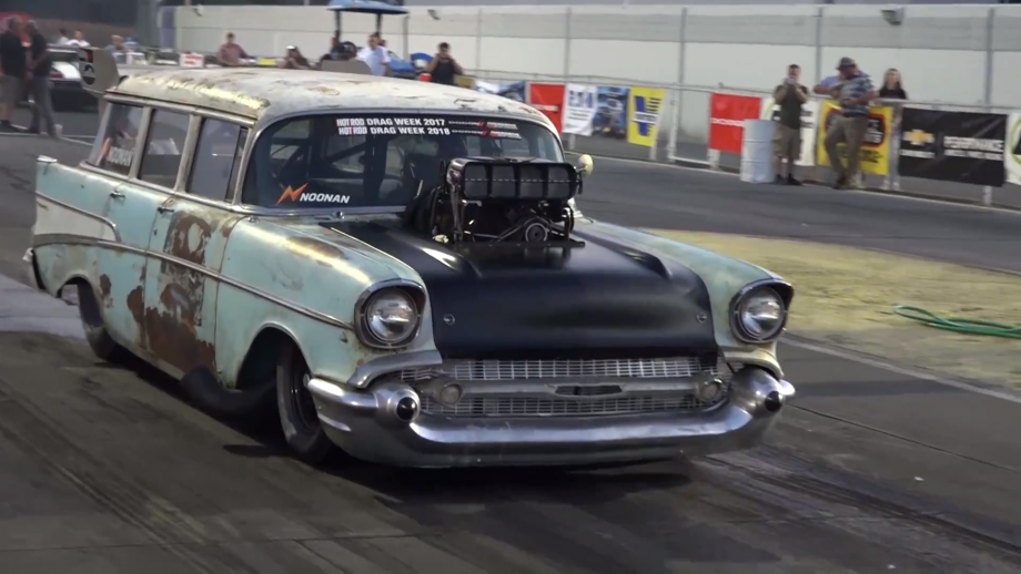 <img src="1957-chevy-wagon-2.png" alt="The 1957 Chevrolet Wagon involved in crash with NHRA drivers">