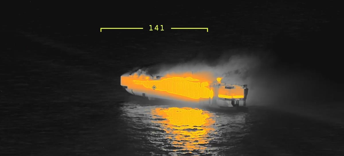 Cargo Ship Carrying EVs Ablaze and Expected to Sink
